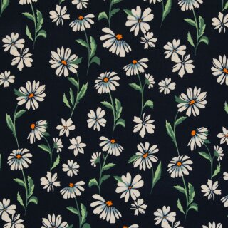 Viskosejersey mit Margeriten, dunkelblau, 578597, 220g/m²