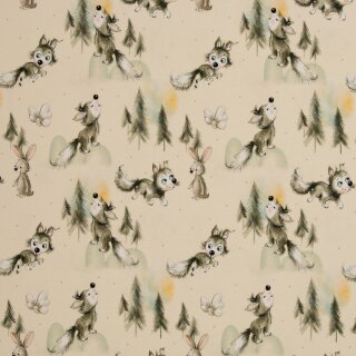 Baumwolljersey mit Wolf und Hase, natur, Jerry, 245170, 210g/m²