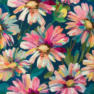 Viskose - Slubjersey Ariella, Blumen petrol/bunt, 814750, 180g/m²