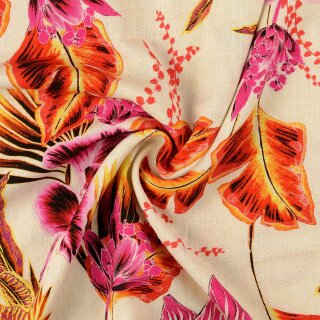 Viskose - Leinen Druck Digital, Blumen, pink/rot/natur, 2122760006, 190g/m²