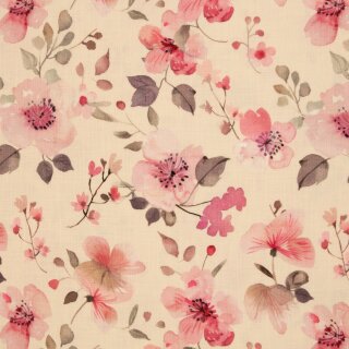 Double Slub Musselin, Blumen rosa/natur, Baumwolle, 661010, 165g/m²