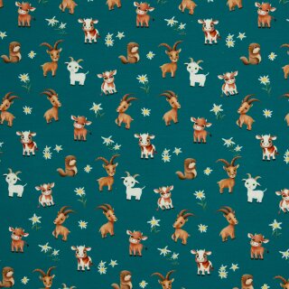 Alpenliebe by Mrs Mint design, Jersey, Almtiere petrol, 346747, 210g/m²