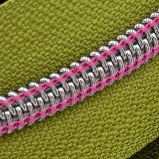 Reißverschluss Meterware mit 6,5 mm Silber metallic Spiralraupe Lime/Rosa.