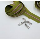 Reißverschluss Meterware mit 6,5 mm Silber metallic Spiralraupe Lime/Rosa.